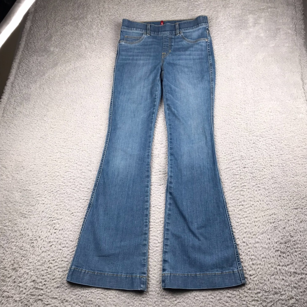 Spanx Jeans Womens S (29x31)Blue Pull On High Rise Flared Wide Leg Stretch Denim